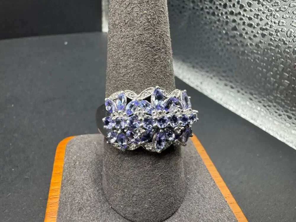 DV Signed 925 Sterling Silver Tanzanite & White Topaz Cocktail Ring Size 9.75